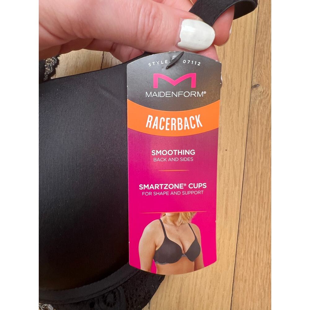 NEW Maidenform Black Lace Racerback Smoothing Bra Smartzone Cups Women's 34B - Picture 3 of 12